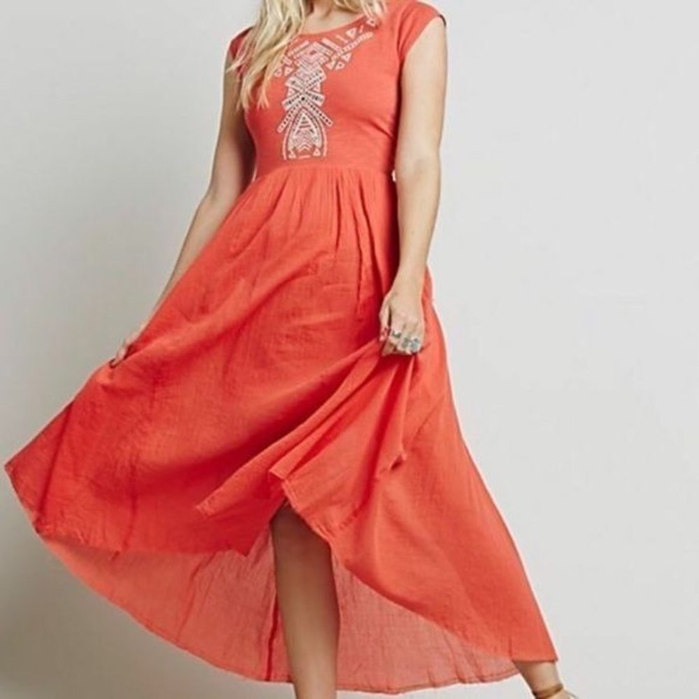Free People XS Coral Maxi Dress MEADOWS Embroidered Lightweight Hi Low